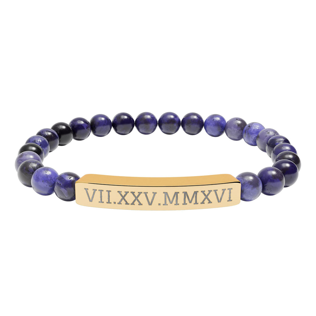 Engravable Natural Stone Stretch Bracelet — Personalized Roman Numeral Date Bar