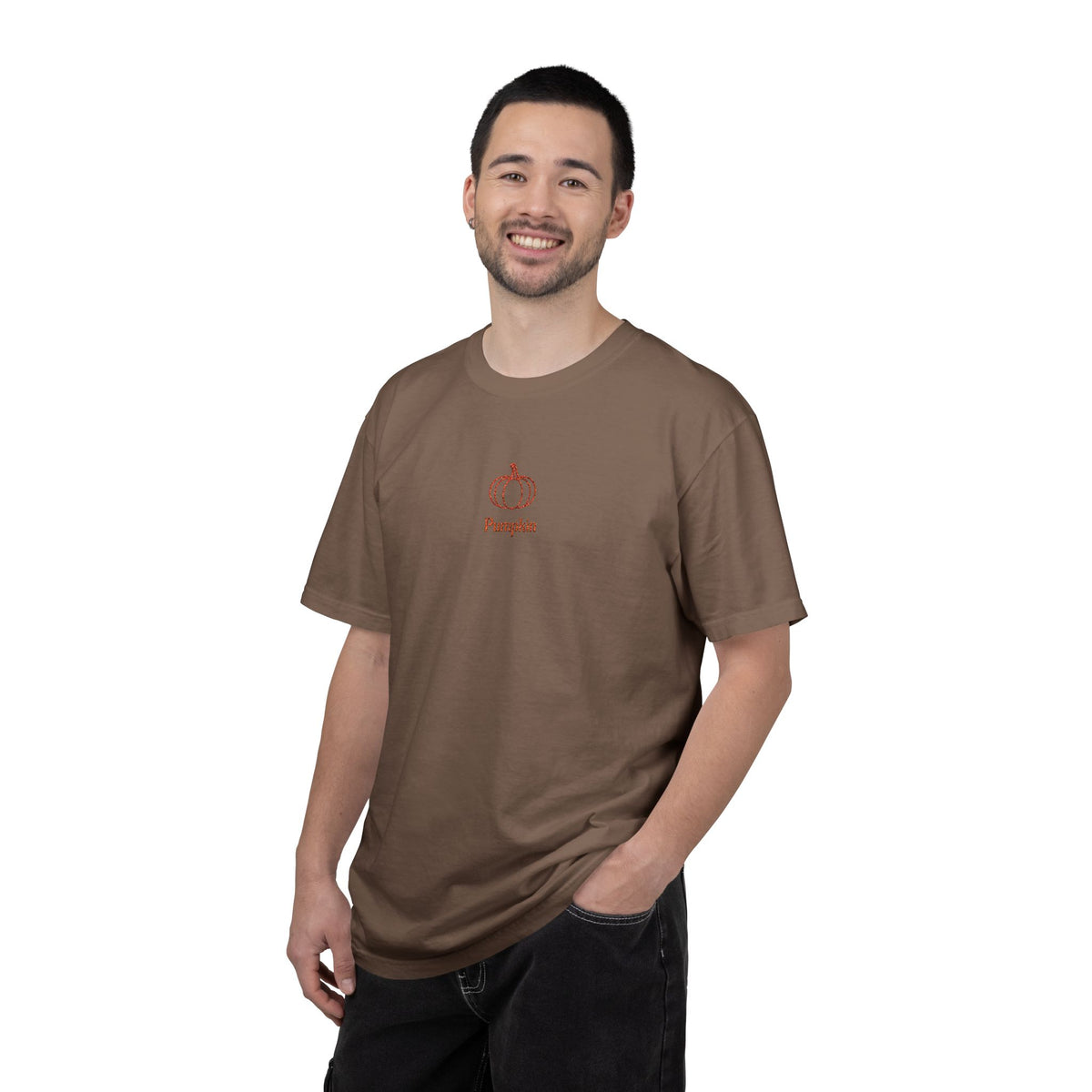 Couples Pumpkin T-Shirt — Minimal Fall Tee with Small Chest Pumpkin