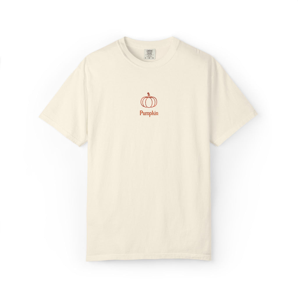 Couples Pumpkin T-Shirt — Minimal Fall Tee with Small Chest Pumpkin