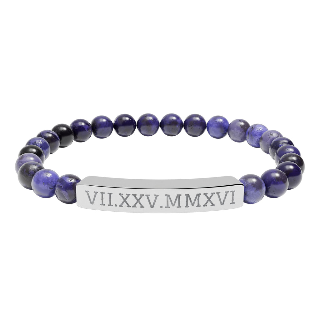 Engravable Natural Stone Stretch Bracelet — Personalized Roman Numeral Date Bar