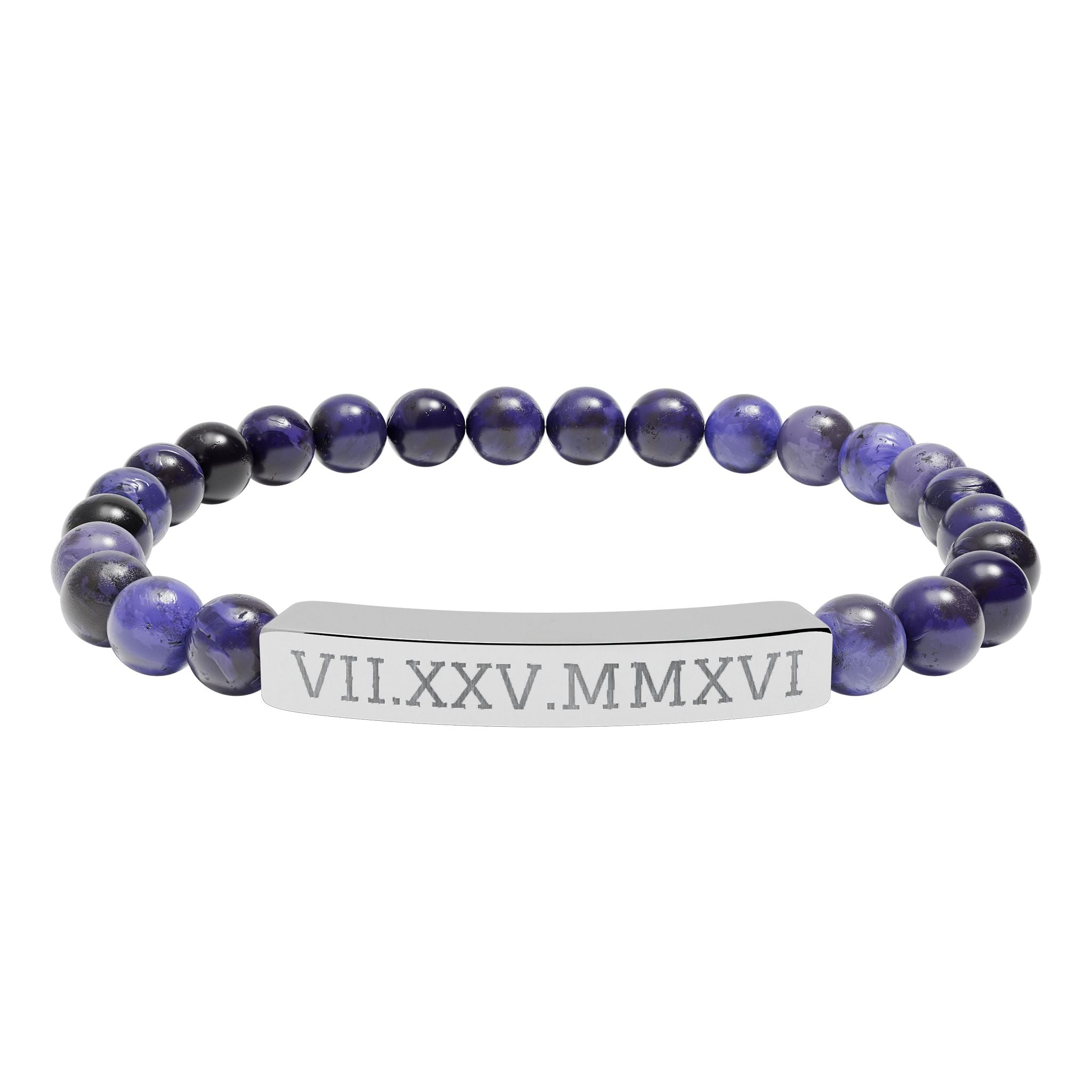 Engravable Natural Stone Stretch Bracelet — Personalized Roman Numeral Date Bar