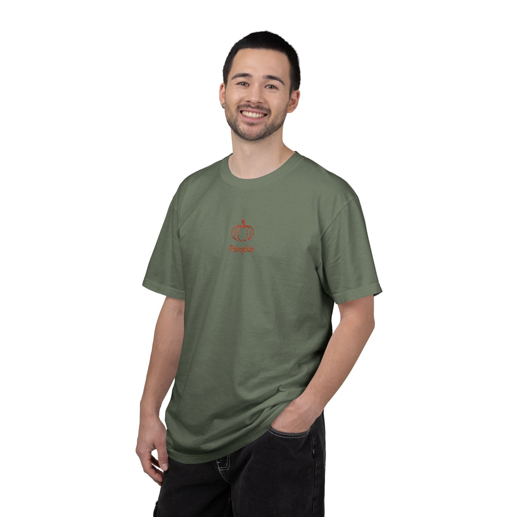 Couples Pumpkin T-Shirt — Minimal Fall Tee with Small Chest Pumpkin