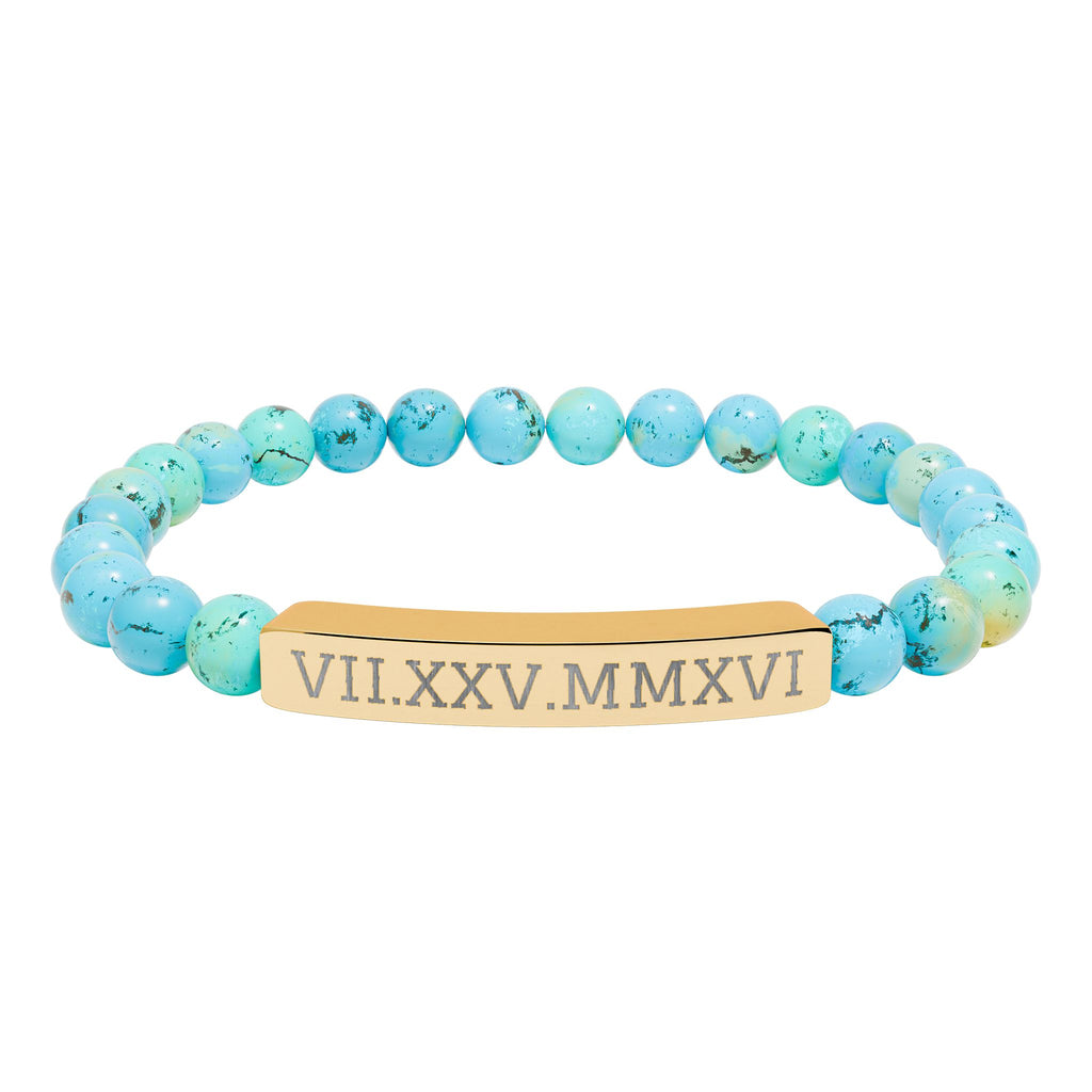 Engravable Natural Stone Stretch Bracelet — Personalized Roman Numeral Date Bar