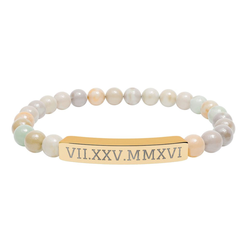 Engravable Natural Stone Stretch Bracelet — Personalized Roman Numeral Date Bar