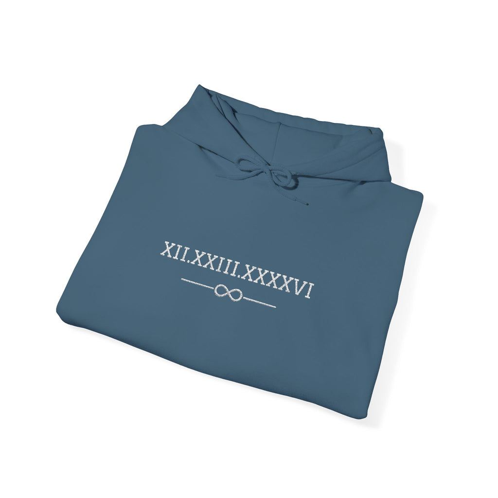 Personalized Couples Roman Numeral Date Hoodie – Minimal Pullover with Sleeve Graphics