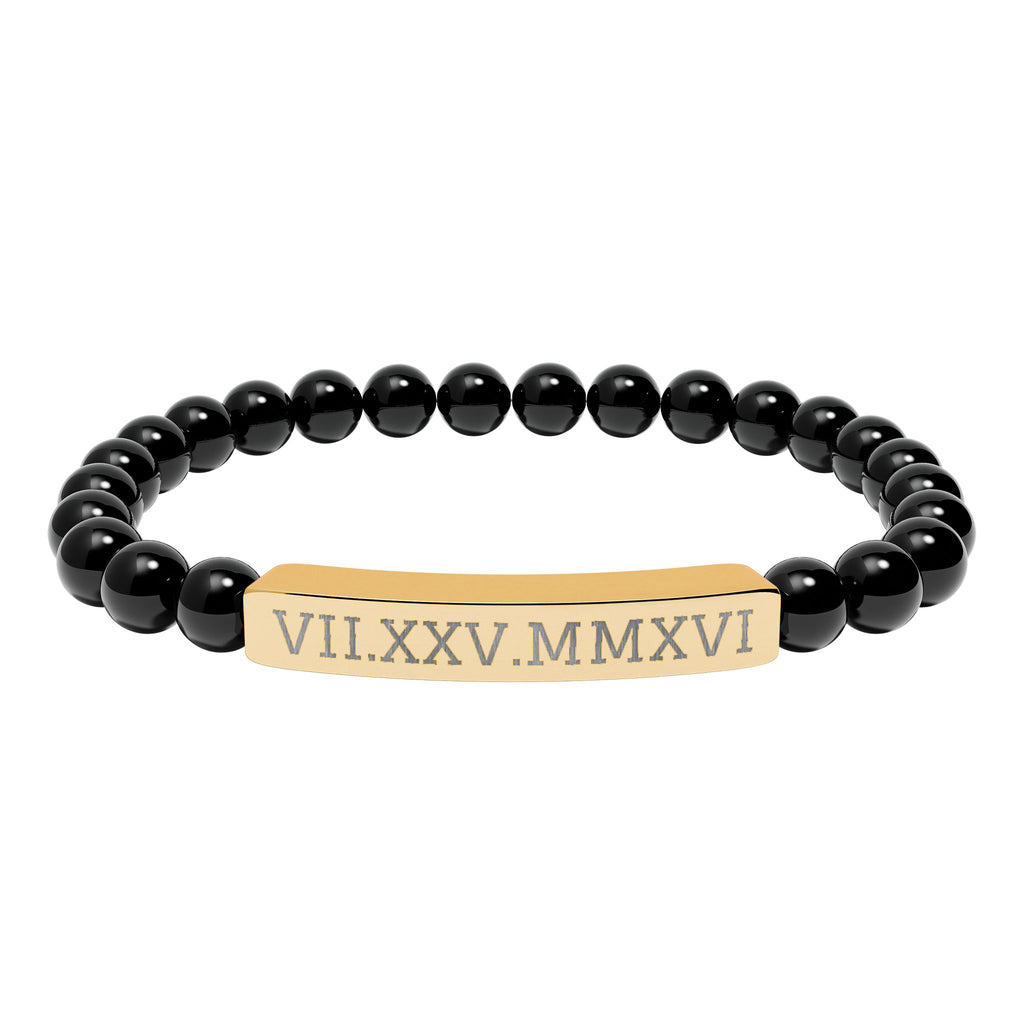 Engravable Natural Stone Stretch Bracelet — Personalized Roman Numeral Date Bar
