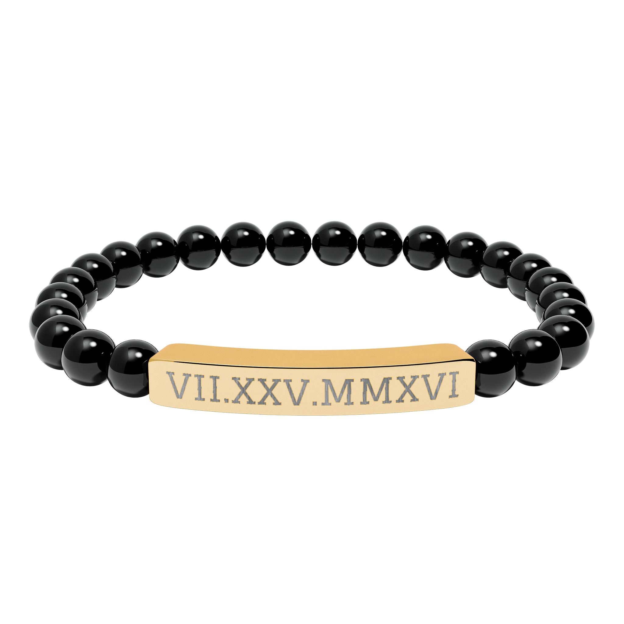 Engravable Natural Stone Stretch Bracelet — Personalized Roman Numeral Date Bar