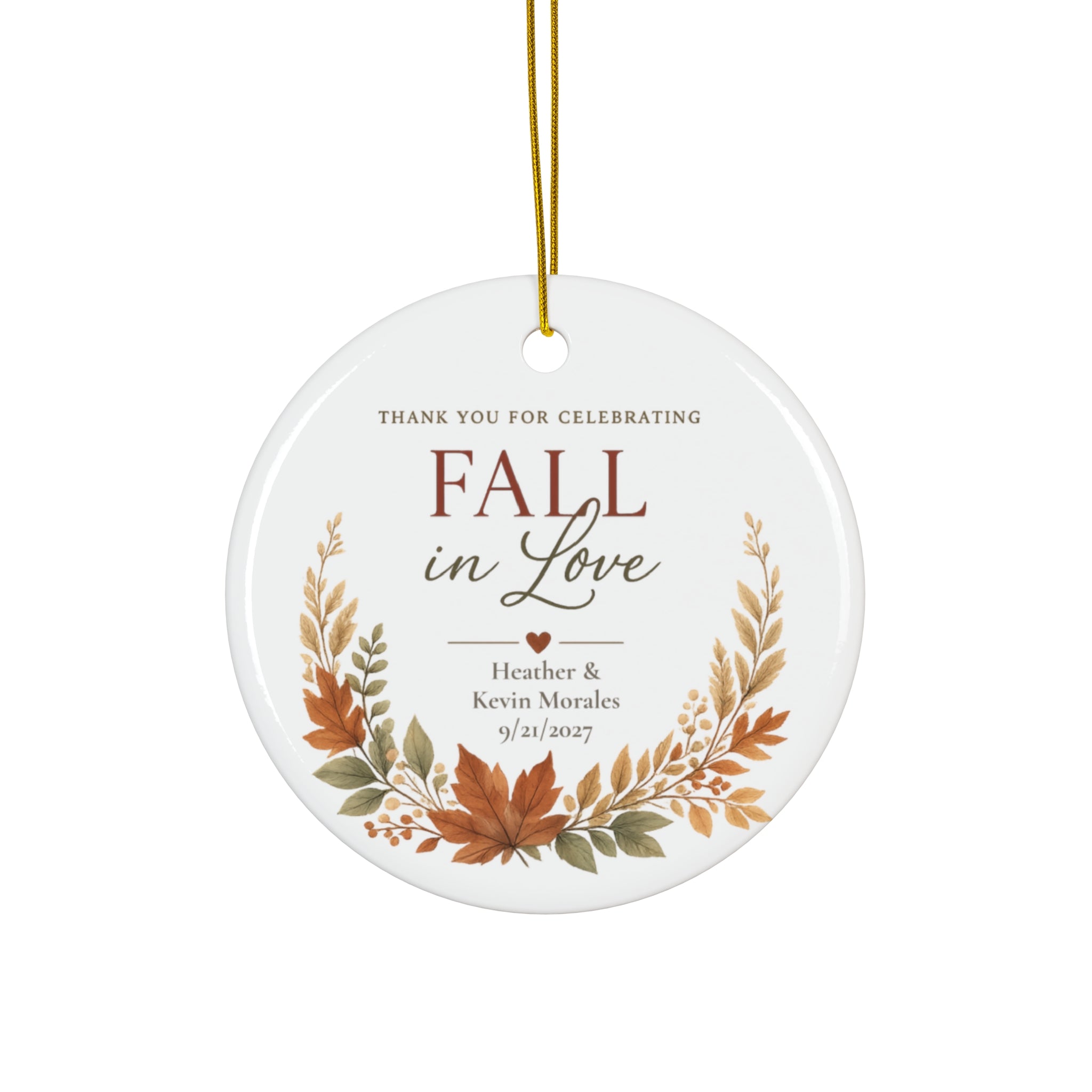 Fall in Love Ceramic Ornament — Personalized Autumn Wedding Favor