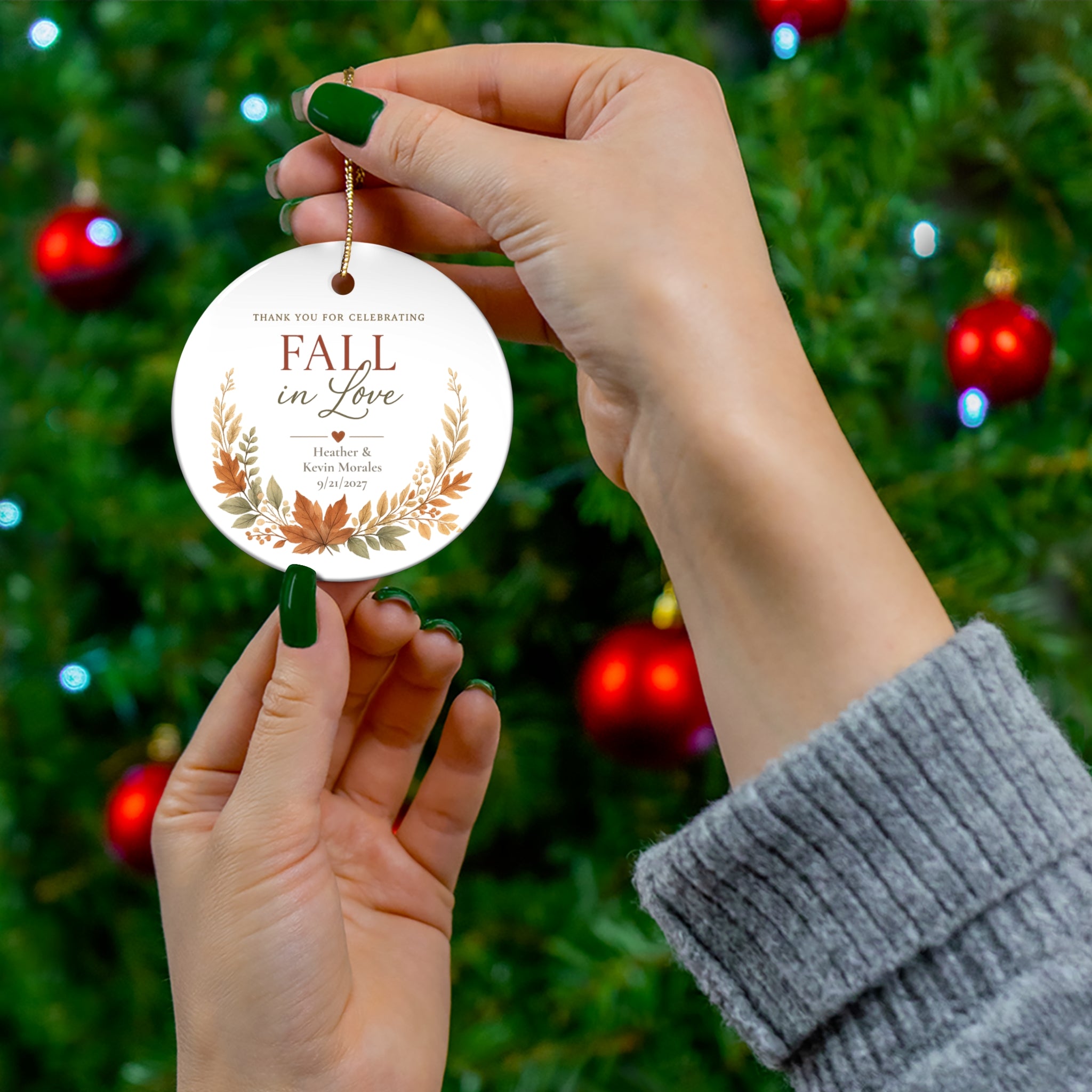 Fall in Love Ceramic Ornament — Personalized Autumn Wedding Favor