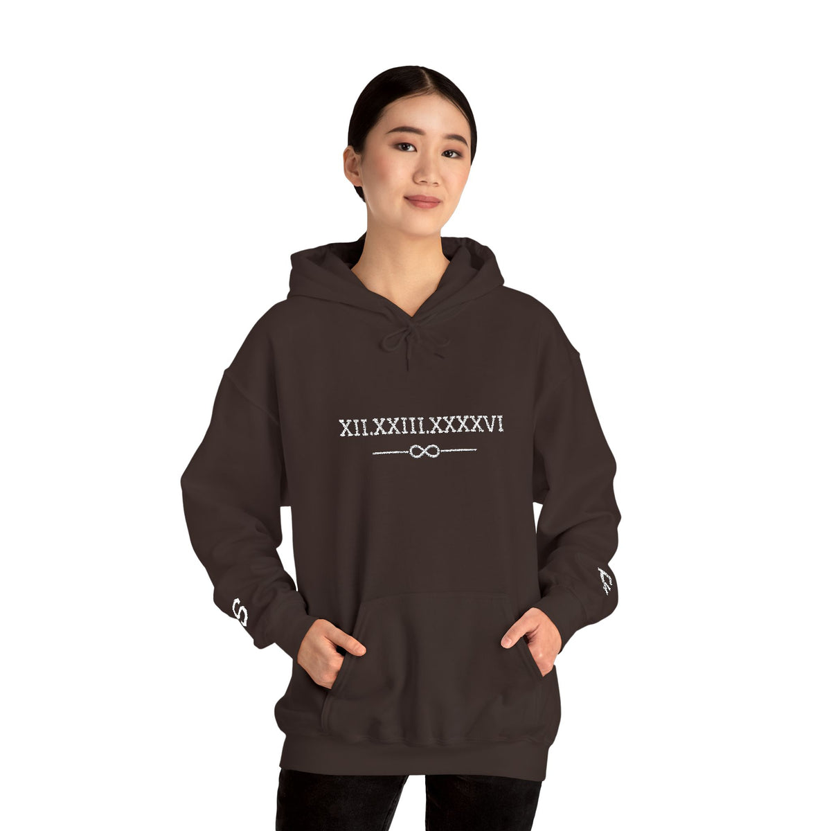 Personalized Couples Roman Numeral Date Hoodie – Minimal Pullover with Sleeve Graphics