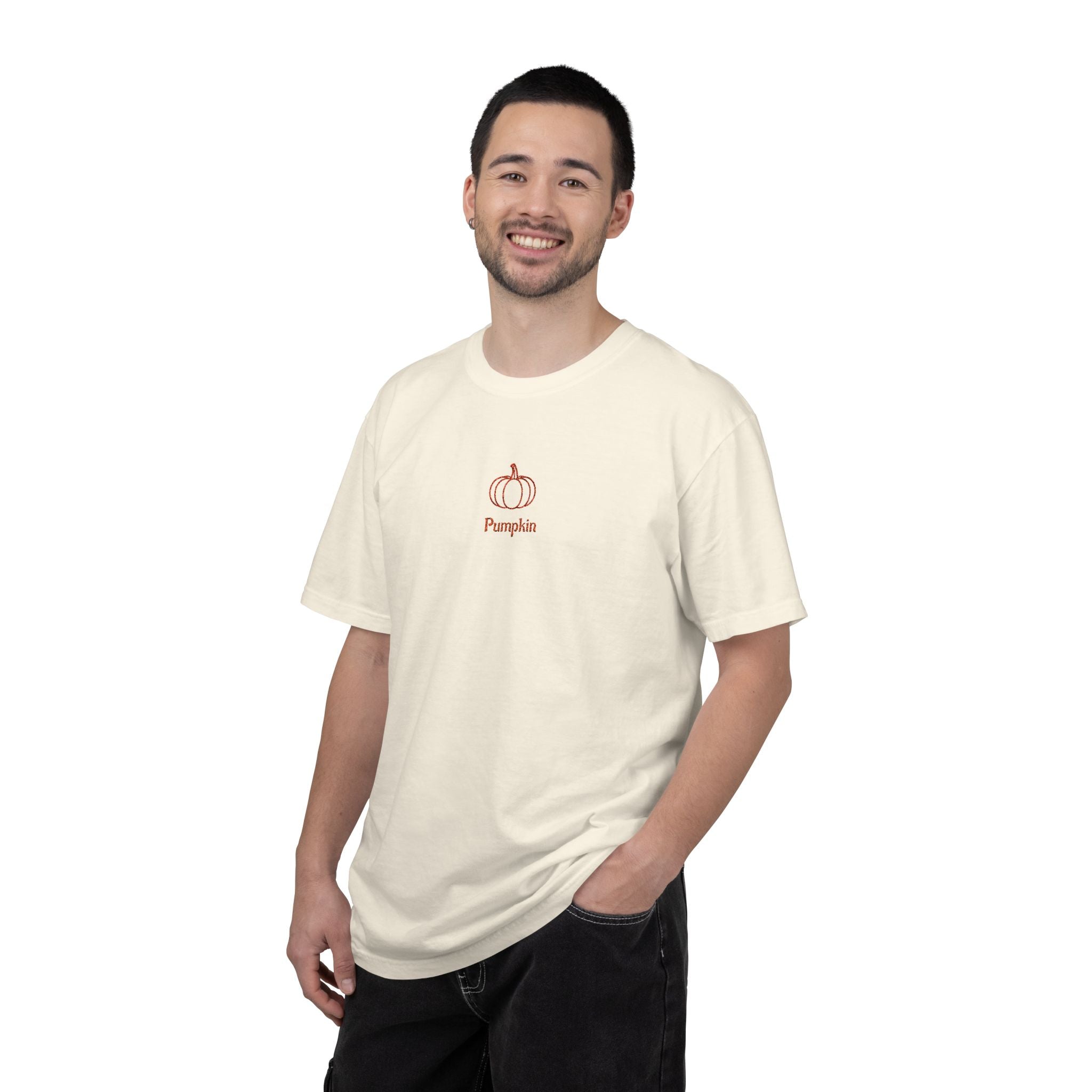 Couples Pumpkin T-Shirt — Minimal Fall Tee with Small Chest Pumpkin