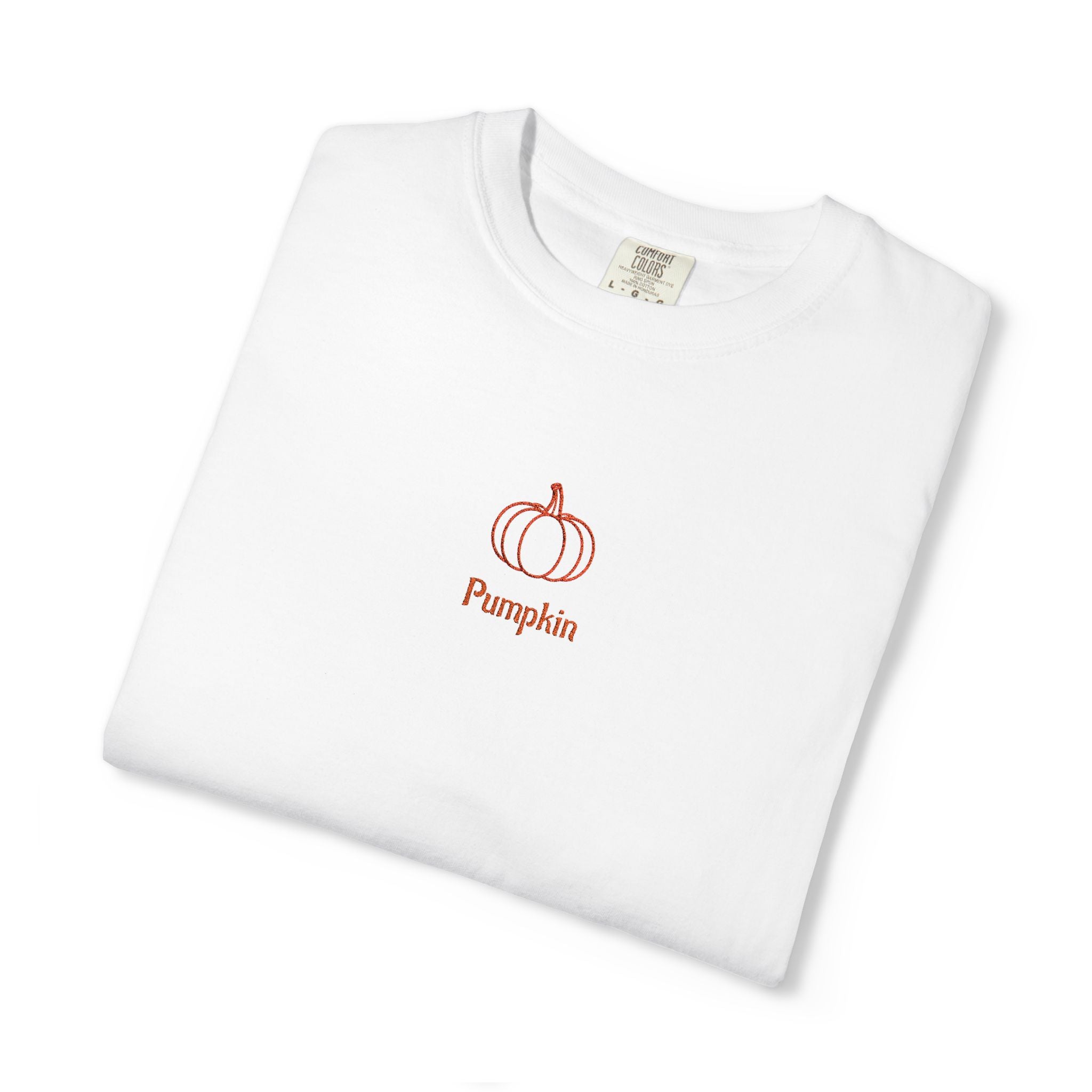 Couples Pumpkin T-Shirt — Minimal Fall Tee with Small Chest Pumpkin
