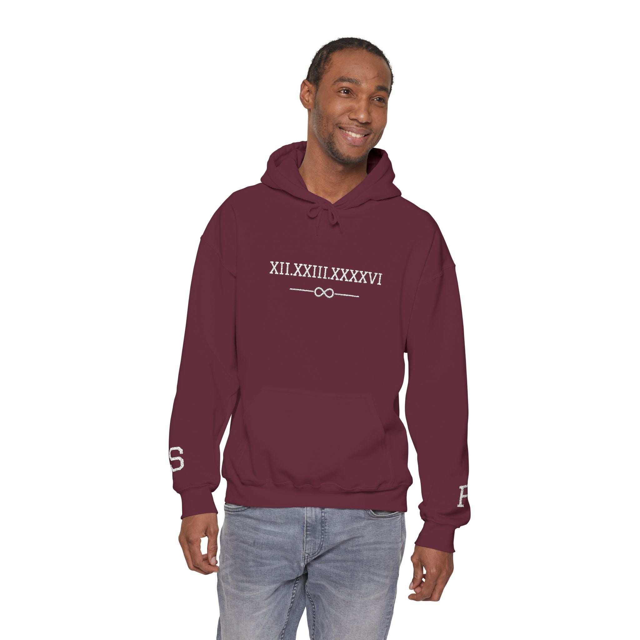 Personalized Couples Roman Numeral Date Hoodie – Minimal Pullover with Sleeve Graphics